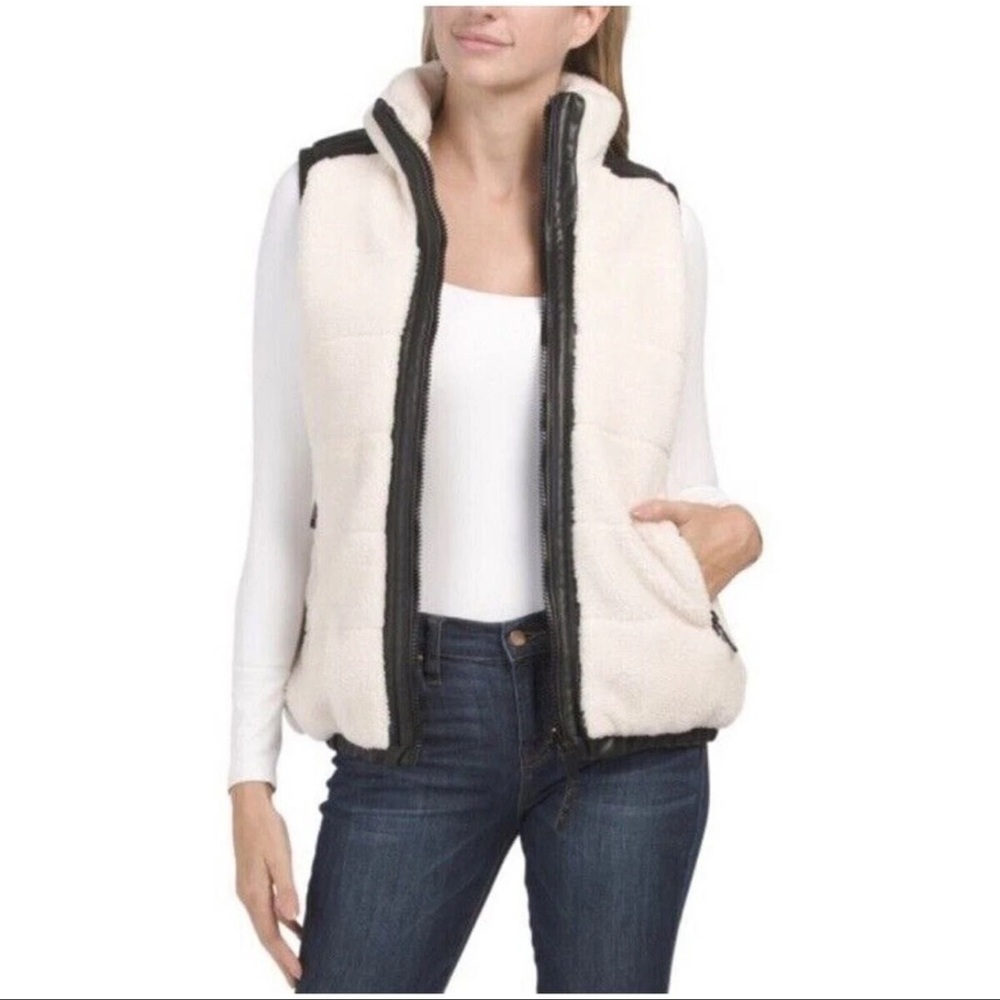Rebecca Minkoff Black Vegan Faux Leather Sherpa Reversible Vest Jacket Sz XL New